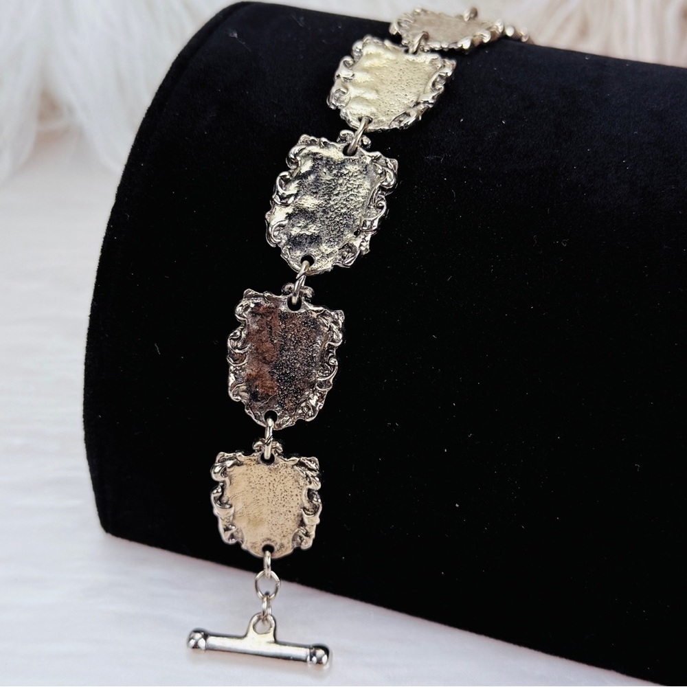 Ornate Silvertone Shield Link Bracelet Toggle Clasp Medieval Gothic Style
